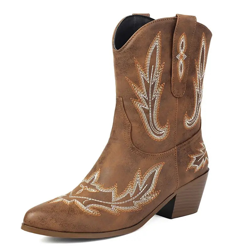 Farrah – Bottines d’hiver brodées à talon carré | Marron