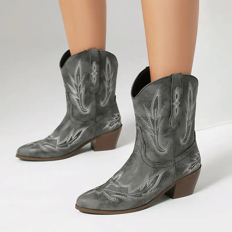 Farrah Bottines d’hiver brodées à talon carré | Gris