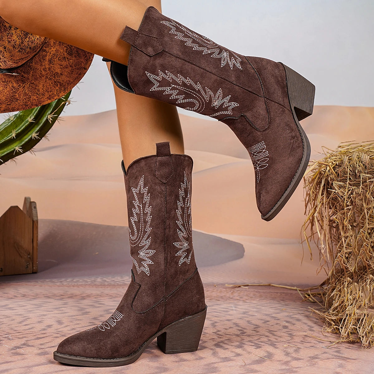 Savannah Bottes mi‑mollet brodées style cowboy