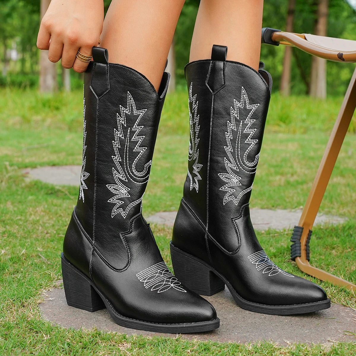 Savannah Bottes mi‑mollet brodées style cowboy