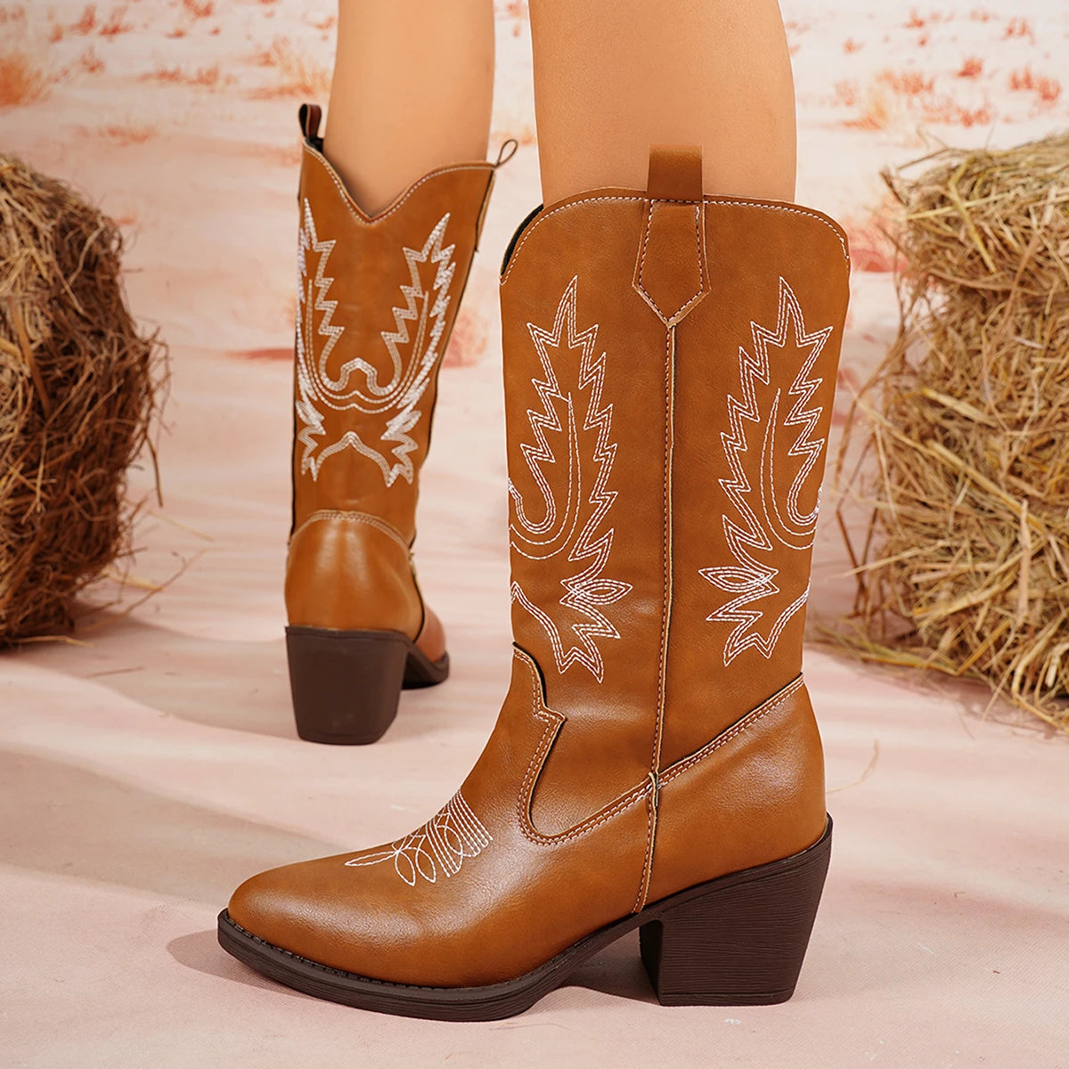 Savannah Bottes mi‑mollet brodées style cowboy